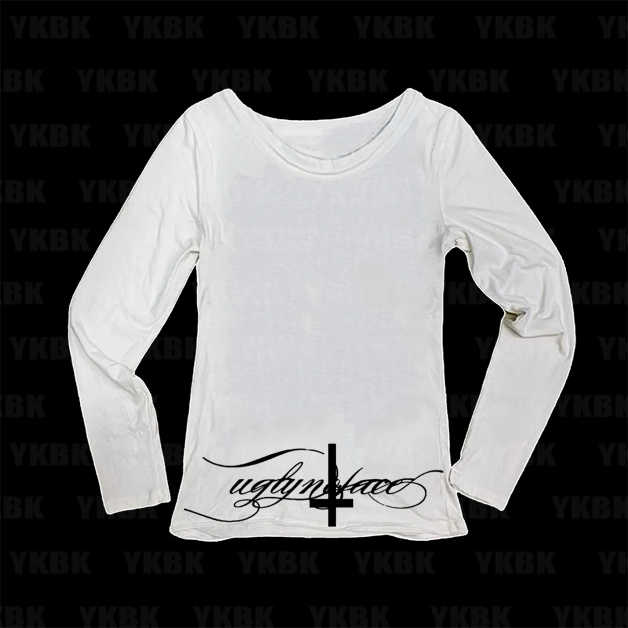 White Slim Long Sleeve T Shirt Unisex Gothic Inverted Cross Cursive Font Print Dark Punk Grunge Metal Aesthetic Y2K Streetwear T