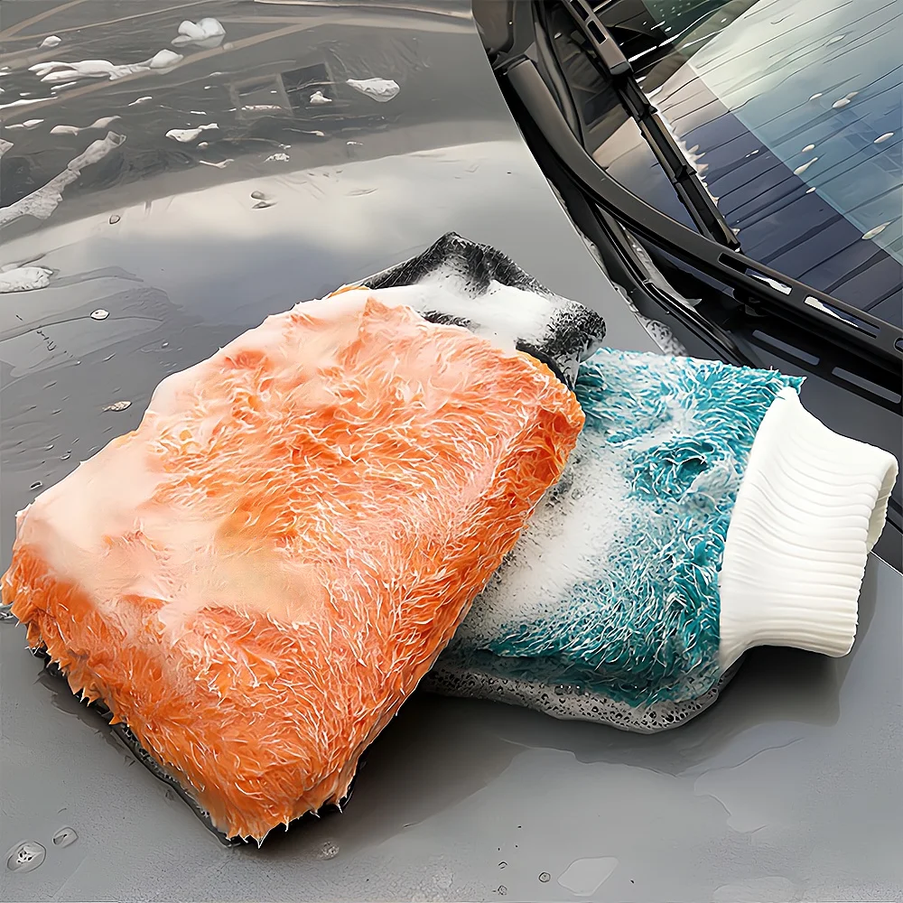 Car Wash Gloves Glass Cloth Maintenance Velvet Double-sided Fiber Cleaning Thickening Washer Tools Curing Beautify Orange Green