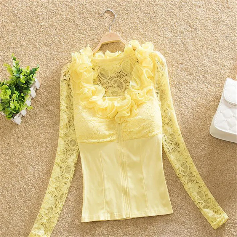 Zoete Bloemen Kant Blouse 2022 Lente Herfst Vrouwen Hollow Out Mesh Blouses Vrouwelijke Lange Mouwen Rits T-shirt Korte Dieptepunt tops