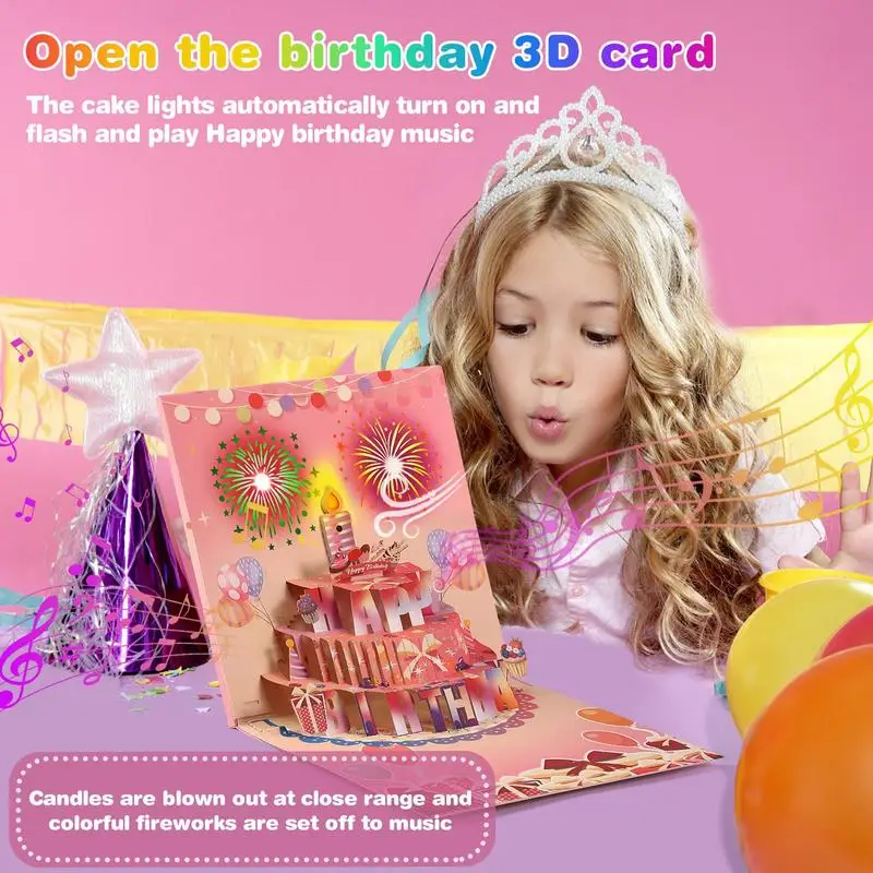 Unique 3D Pop Up Happy Birthday Card Auto Musical Greeting Card With Blowable LED Light Candle Birthday Cake Card Gifts