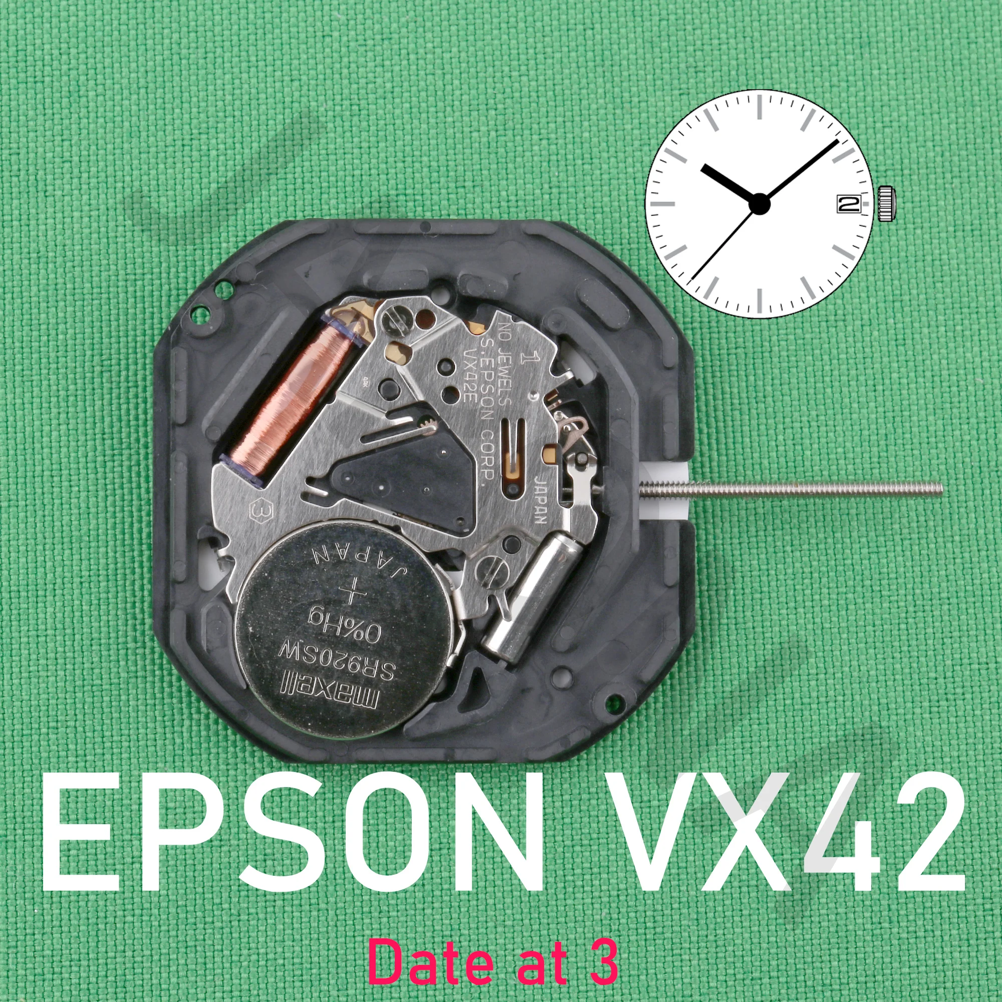 EPSON-movimiento VX42 con calendario, pantalla de fecha, movimiento japonés VX42E, calendario de tres manos, movimiento de cuarzo de Metal