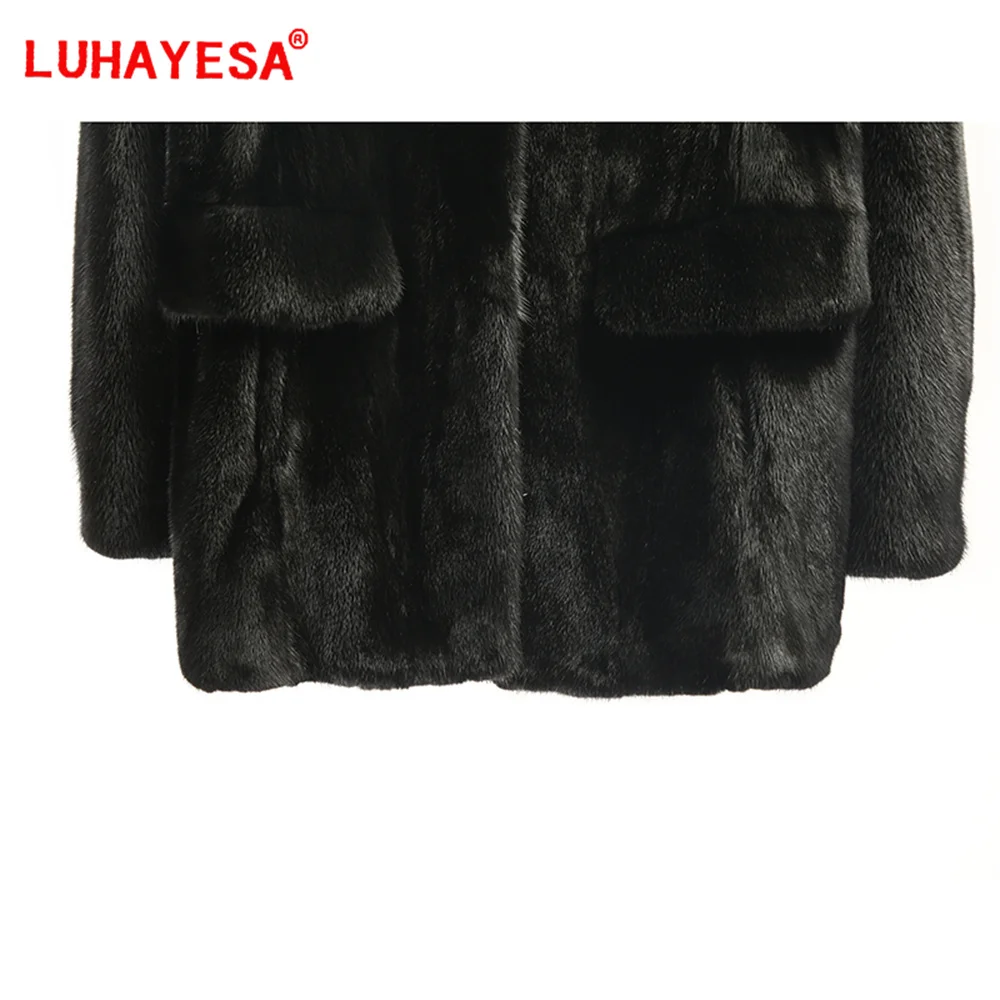 2024 New North Ameria Female Mink Fur Coat Luhayesa Black Medium Long V Neck Top Luxury Real Fur Mink Jackets