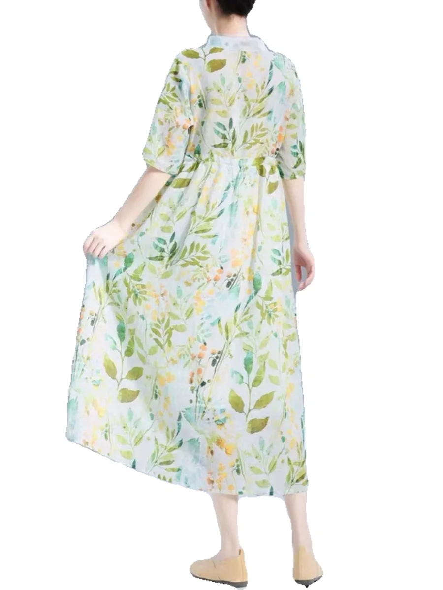 المرأة الصيف ألف خط ميدي الدكتور الأزهار طباعة الكتان القطن مزيج تنورة الرجعية ort Sve دمية طوق خمر Sle Dr