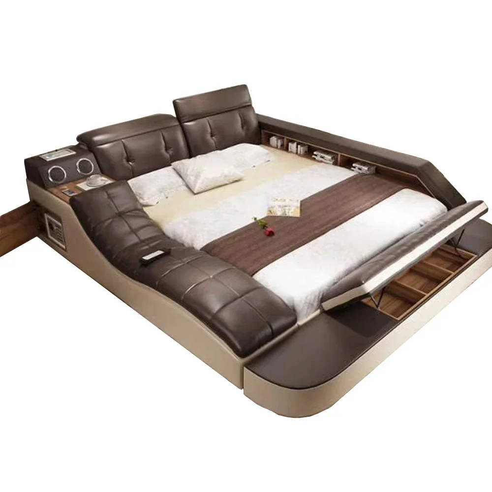 real genuine leather bed with massage /double beds frame king/queen size bedroom furniture  muebles de dormitorio