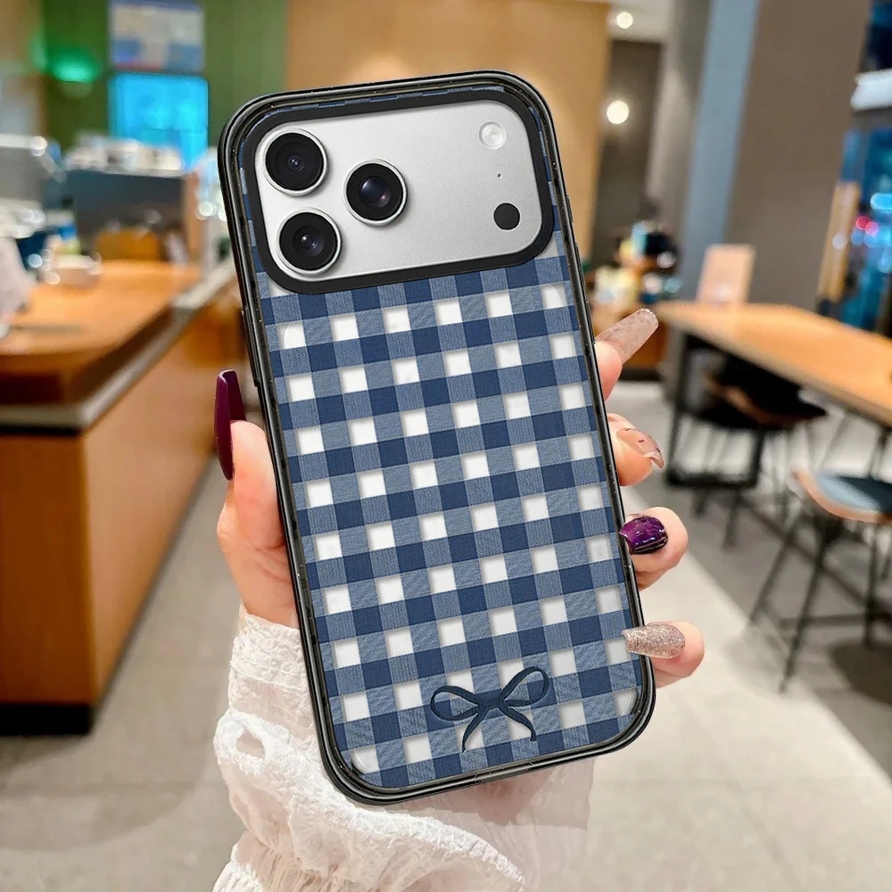 Simple Blue and White Grid Impact Black Border Magnetic Cover for IPhone 13 14 15 16 17 Pro Max Case for IPhone 17Pro