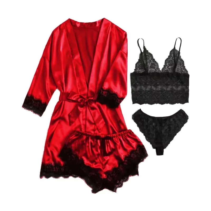 European And American Women's Style Pajamas Summer Bud Suspender Nightdress With Nightgown 4 Pieces Set
