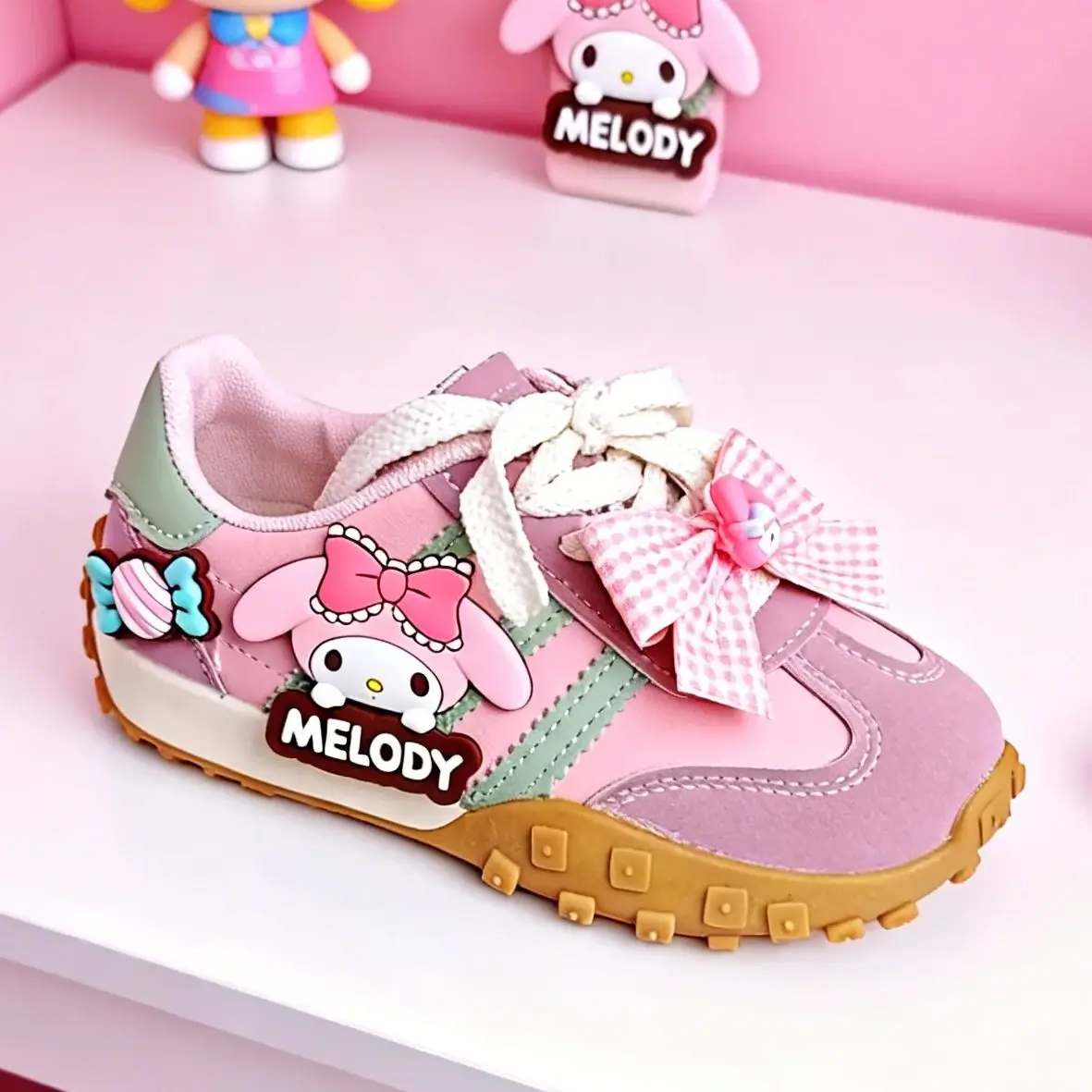 

Детская повседневная обувь для девочек с рисунком MELODY из искусственной кожи, уличные противоскользящие кроссовки с бантом, розовые, размер 26-37