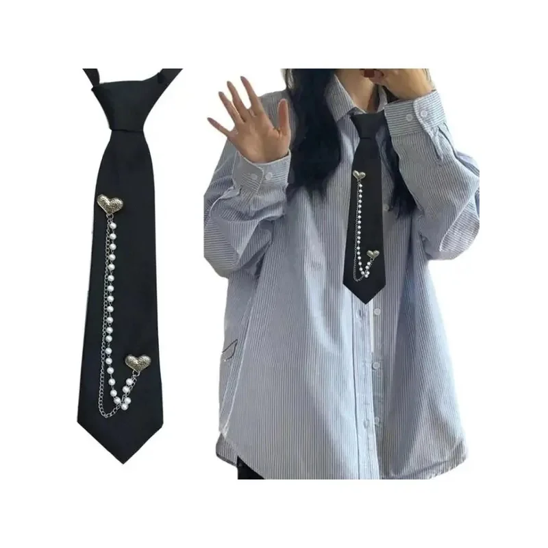 Black Heart Charm Pearl Chain Pre Tied Tie Gothic Preppy Necktie School Uniform No Knot Needed for Women Men