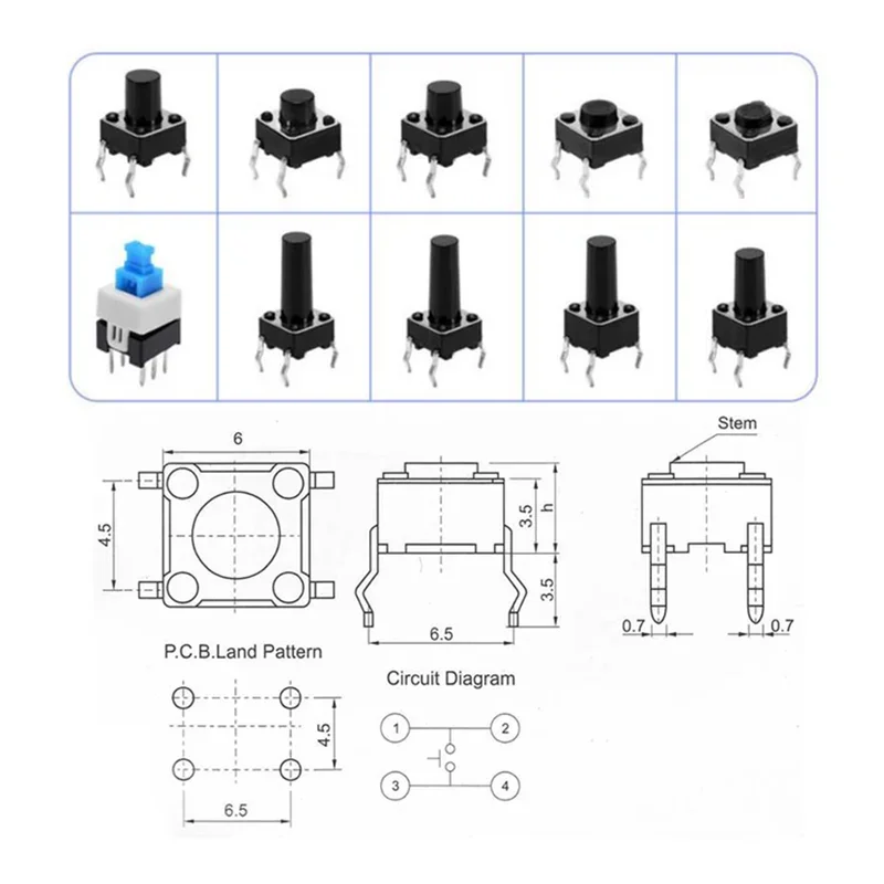 180pcs 10type 6x6 light micro switch set push button switch kit Assortment set