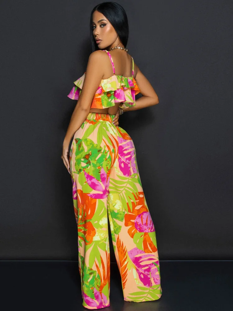 Beyprern Tropical Floral Print Contrast Spaghetti Strap Sleeveless Ruffle Hem Cami Tops ANd Wide Legs Pants Set Vacation Outfits