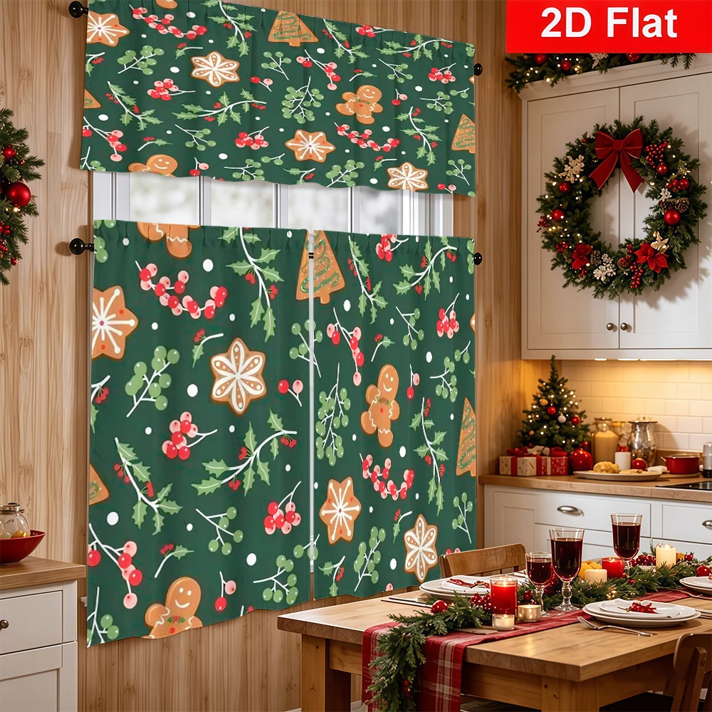 Christmas Kitchen Curtains, Gingerbread Berry Pattern, Digital Print, Kitchen Dining Room, Rod Pocket Polyester, Home Decor