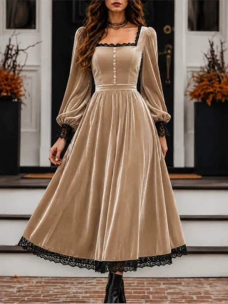 Elegantes Vintage-Midikleid für Damen aus festem Samt für Partys, Herbst/Winter, mit eckigem Ausschnitt, lässigen langen Ärmeln, schwarzem Spitzensaum und A-Linien-Schnitt.