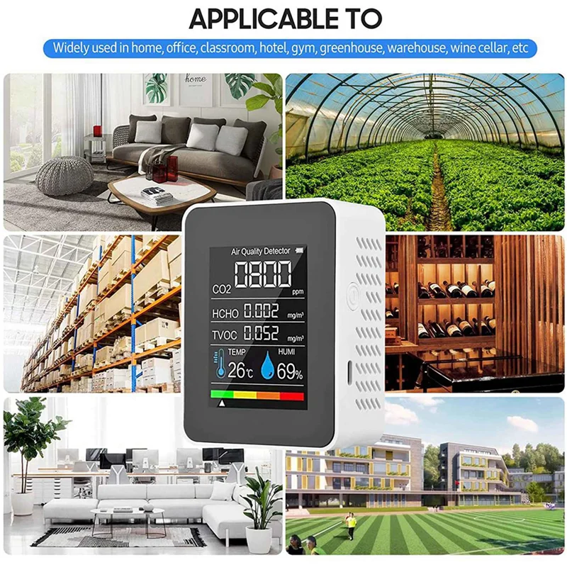 

【Hot Cake】5X 5 In 1 Air Quality Monitor TVOC HCHO Temperature Humidity CO2 Meter, USB Rechargeable CO2 Detector White