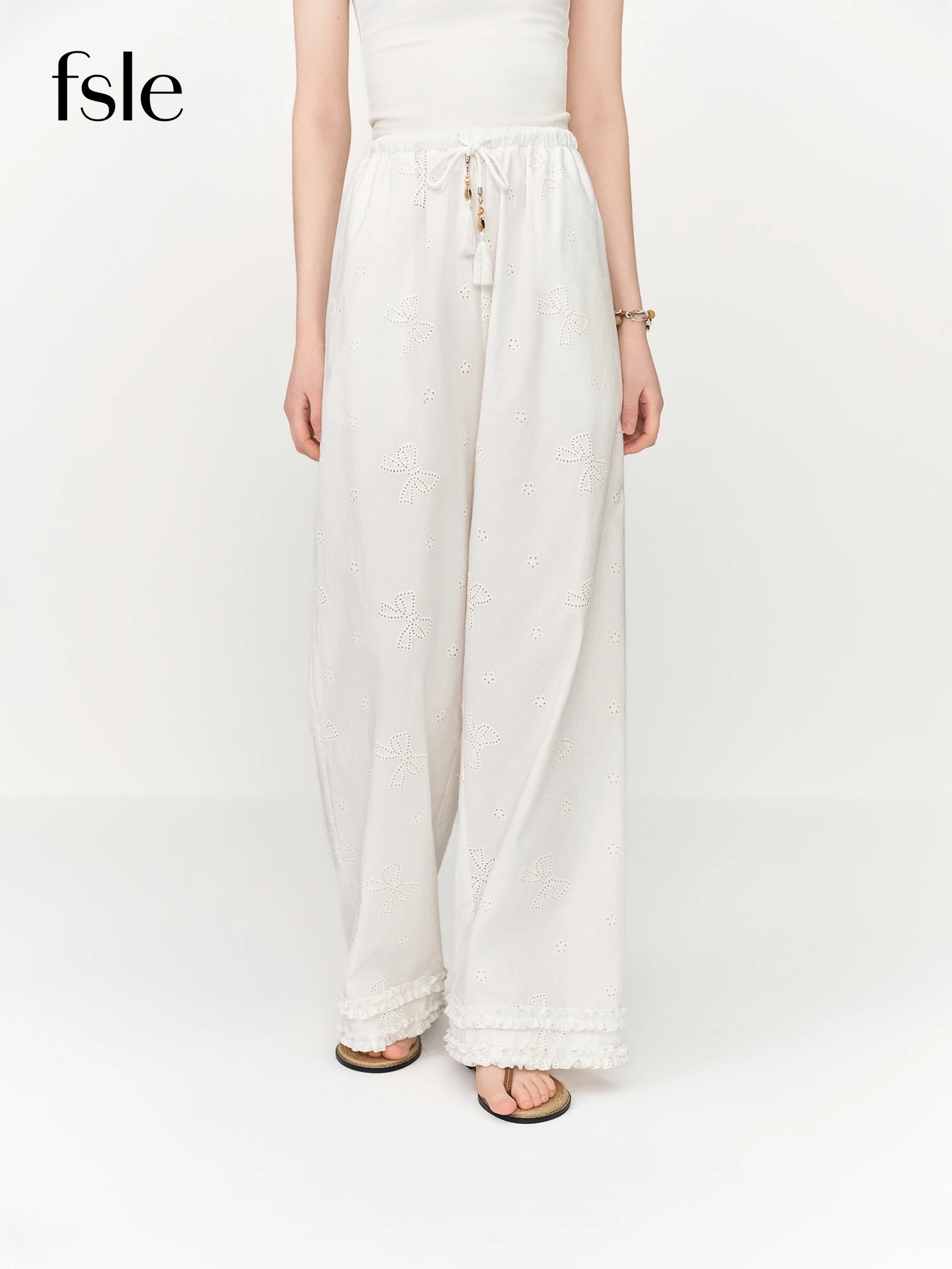 FSLE 2026 Women's Cotton Lace Cut-out Wide Leg Pants Crochet Embroidered Ankle-Length Trousers for Bohemian Beach Vacation Style