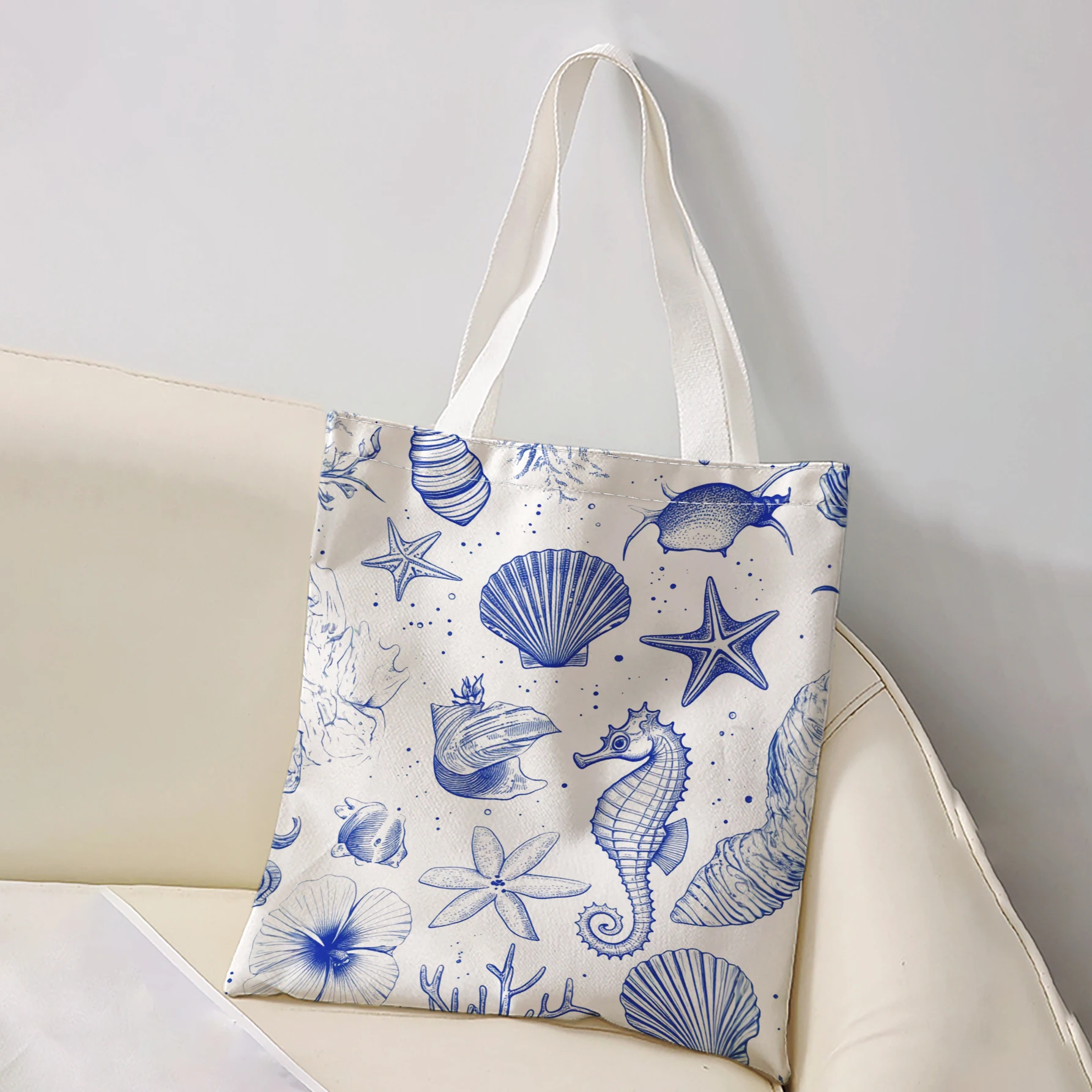 Blue Sketch Seahorse Starfish Seashell Print Tote Bag Large Capacity Shoulder Bag For Shopping Travel Daily Use