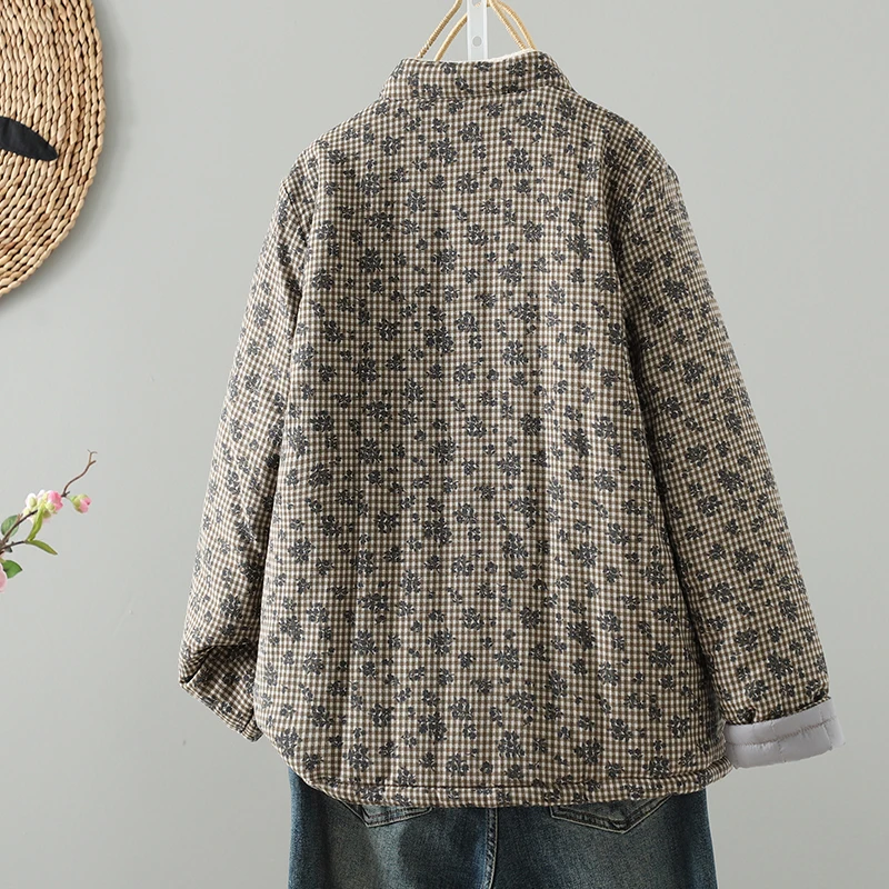 Thiened algodão jaet feminino inverno hanfu algodão linho estampa floral top longo sve comprimento regular fecho de botão único