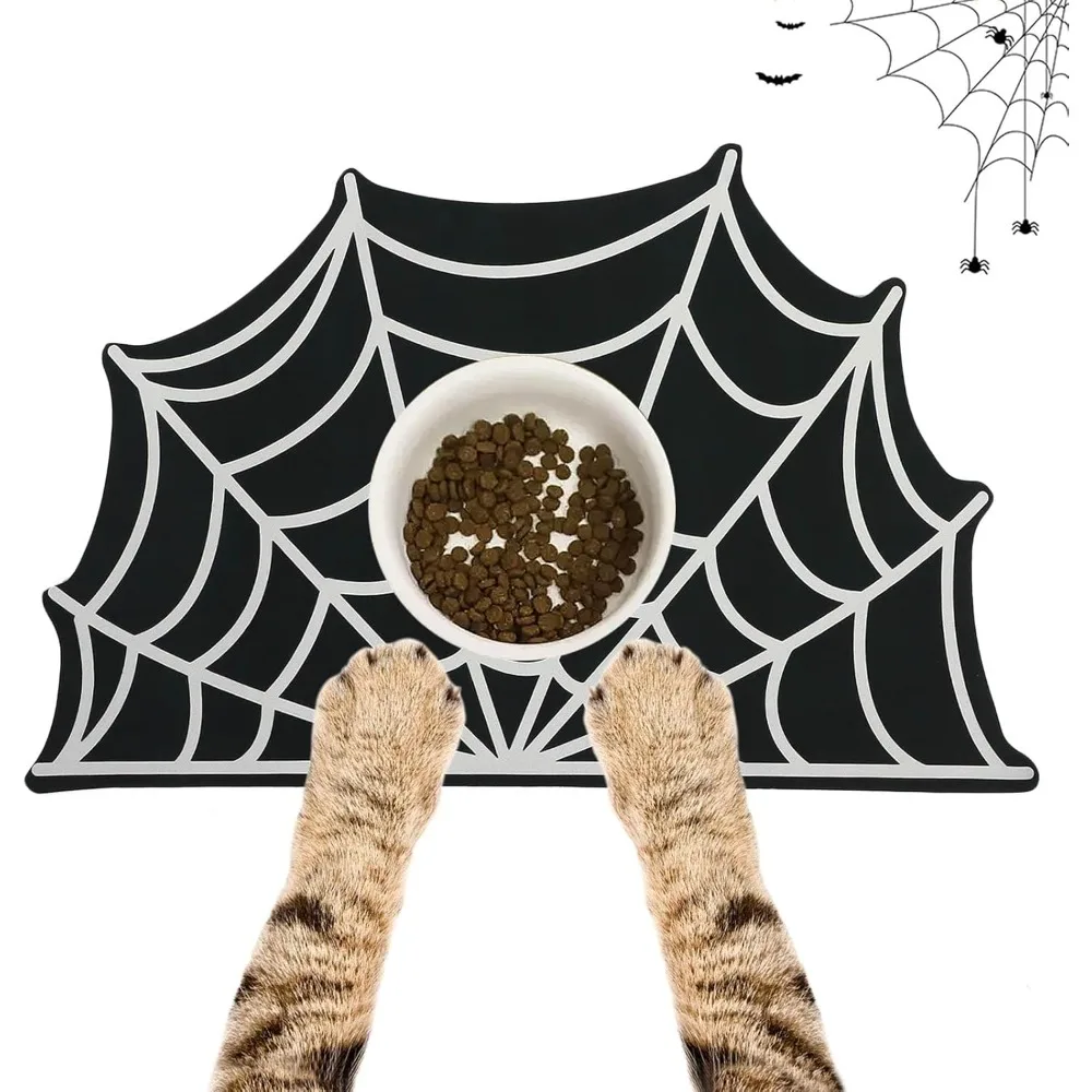 Image of Halloween-Haustiermatte für Lebensmittel, Wasser, Futtermatte, Spinnennetz für Hunde, Katzen, Schüssel, Anti-Flecken, schnell trocknend, leicht zu reinigen, Boden-Tischset für den Innenbereich