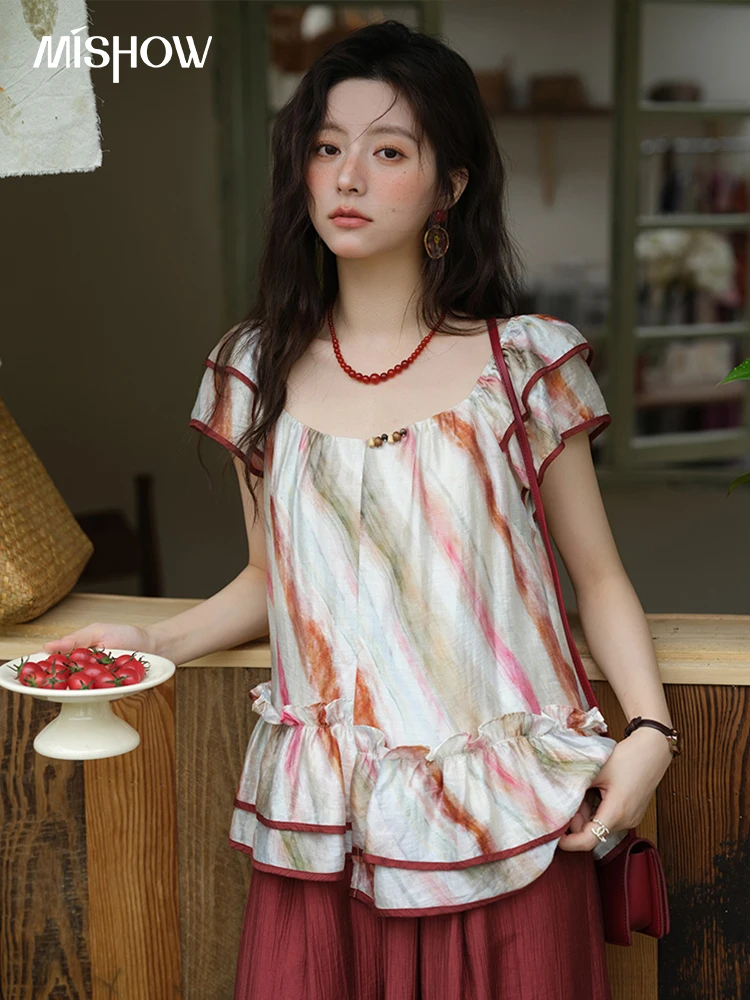 MISHOW Women's Retro Stripe Print Blouse 2025 Summer New Fashion O-Neck Butterfly Sleeve Ladies Casual Patchwork Top MXE38X1862