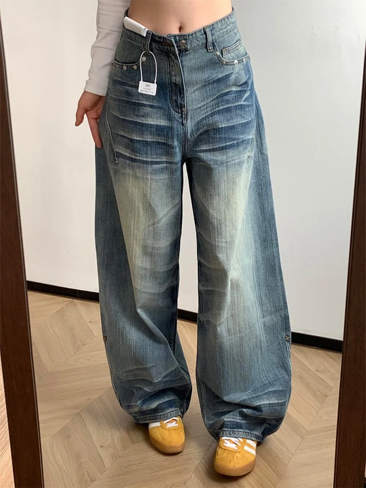 

Американские джинсы-клеш с высокой талией, широкими штанинами и эффектом потертости, женские, летние, новые, свободные, стройнящие, длинные брюки, повседневные, из денима
