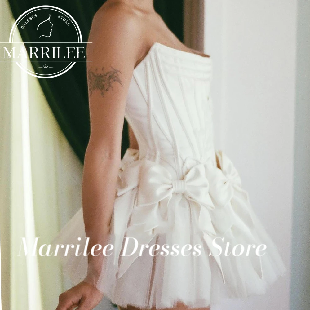 Marrilee Prinses Balletstijl Strapless Mini Tule Avondjurk Met Strik Boven Knie Mouwloze Sexy Open Rug Korte Galajurken