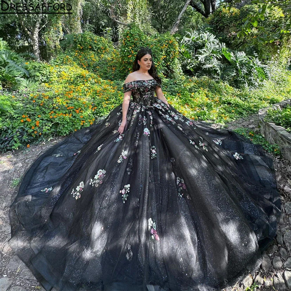 

Mexico Black Sweetheart Ball Gown Quinceanera Dresses For Girls Beaded Appliques 3D Flowers Tiered Birthday Party Gowns Sweet 15