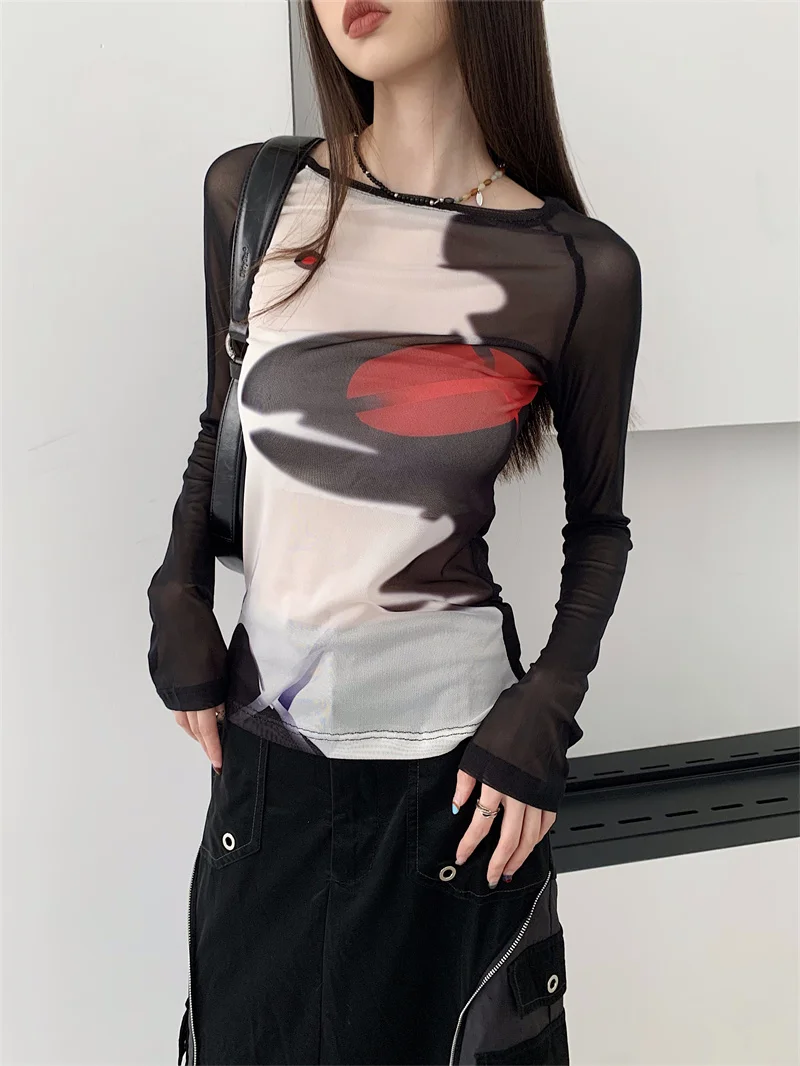 

Women's Fashion Perspective Printed Sexy Pure Desire Mesh High Street Design Sense Base Long Sleeve T-shirt New High End
