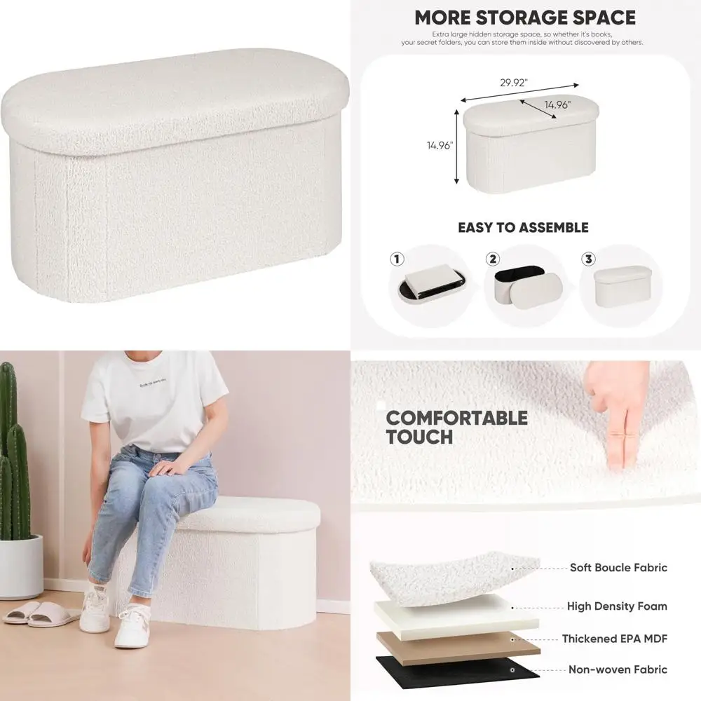 

Ottoman Storage for Living Room: 30 Inch Sherpa Fabric Folding Footrest with Collapsible Bench Feature