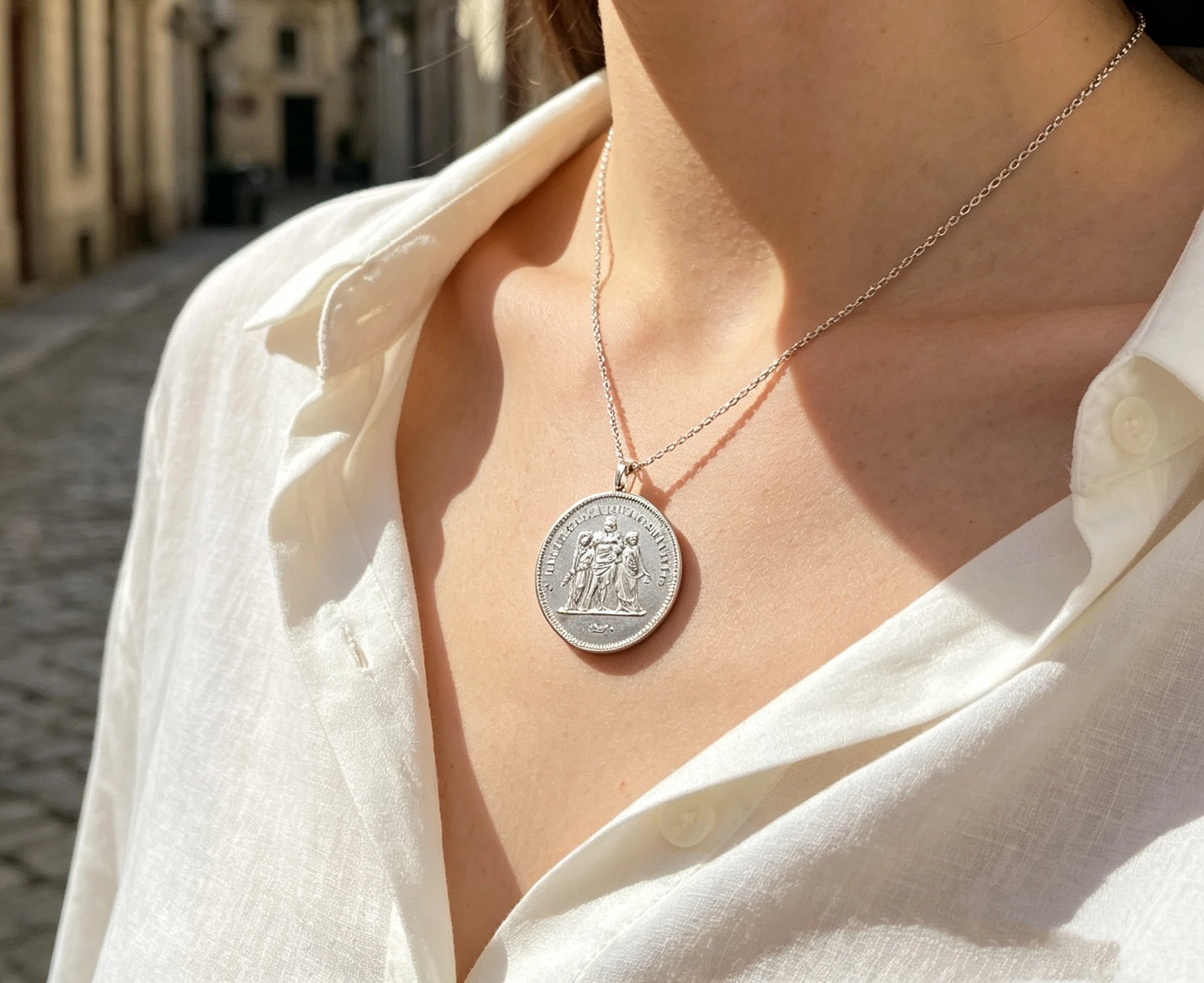 Pendant Chain Necklace Coin France Style 1974 1980 50 Francs Silver Plated Metal Collection For 41mm