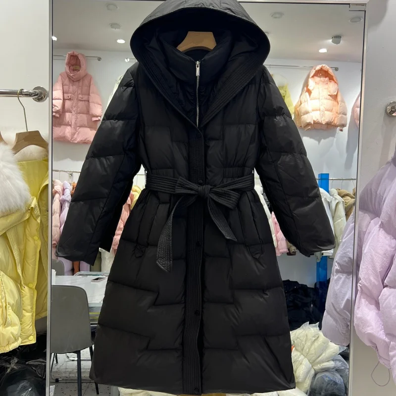 Fitaylor Winter Women White Duck Down Coat Casual Lady Hooded Zipper Long Outwear Thick Warm Solid Coat with Belt