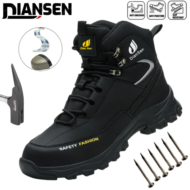 防水革製メンズ安全靴、スチールトゥキャップ付き作業用ブーツ、男性用保護靴、耐衝撃・耐穿刺工業用ブーツ