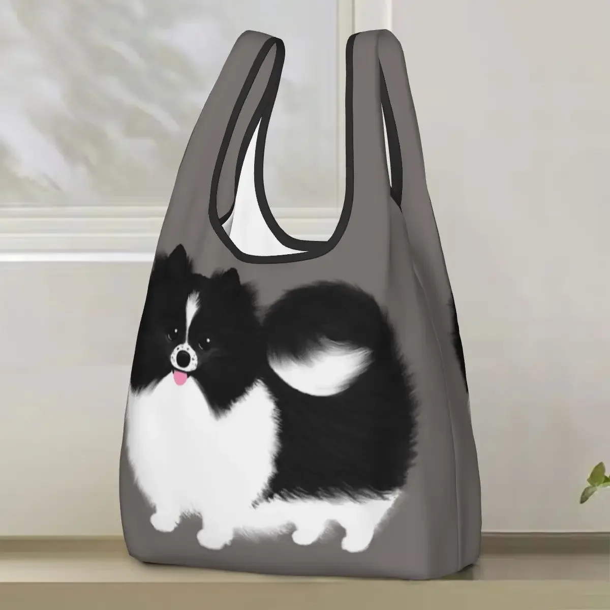 Black And White Parti Pomeranian Fluffy Dog Shopping Bag Portable Tote Bags Reusable Shoulder Shopper Bag Groceries Handbag