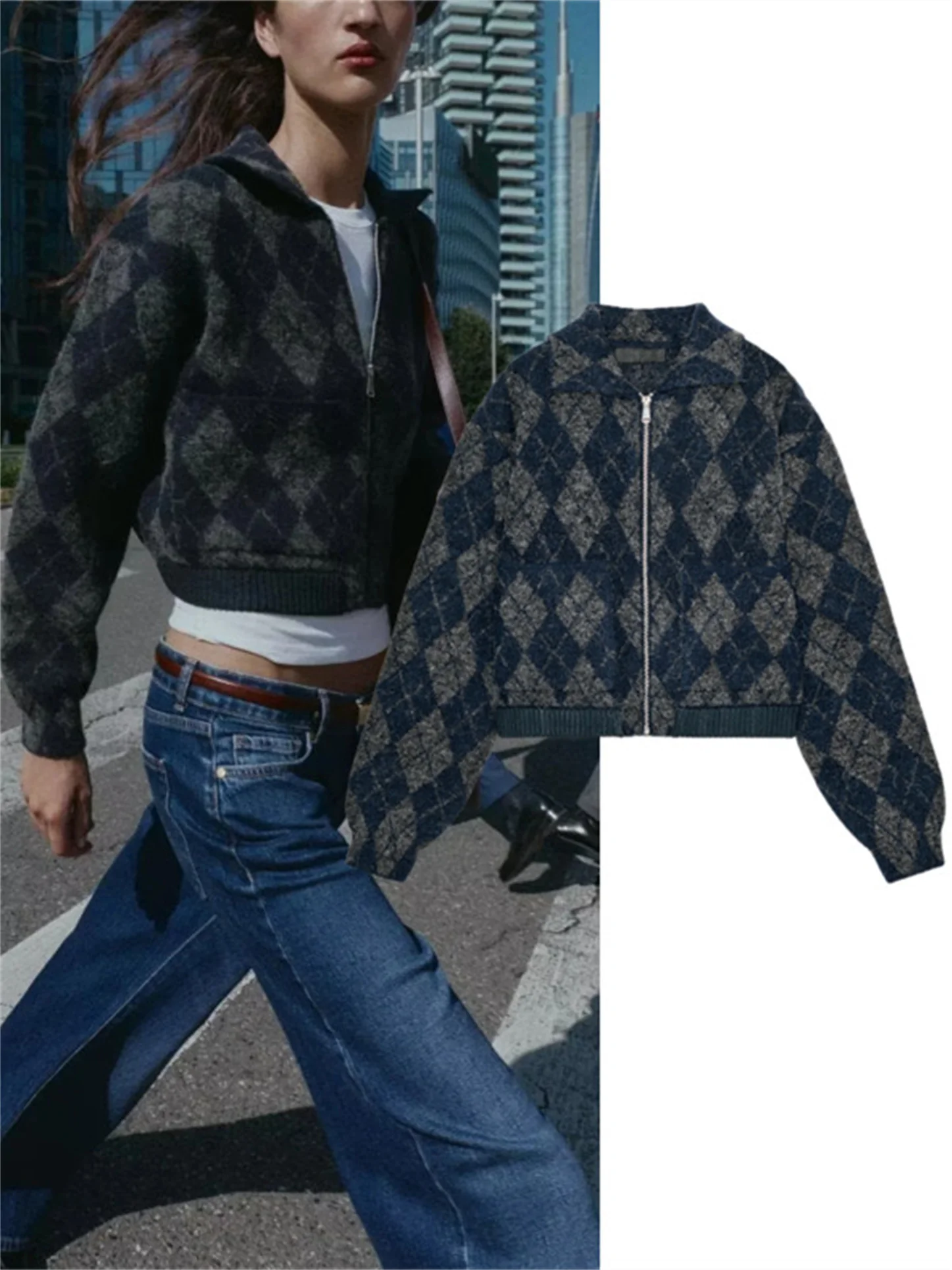 Faionable Commuter Diamond Pattern Zipper Knitted Pilot Jaet Oberbekleidung Neuankömmling Damen Herbst saisonales Produkt
