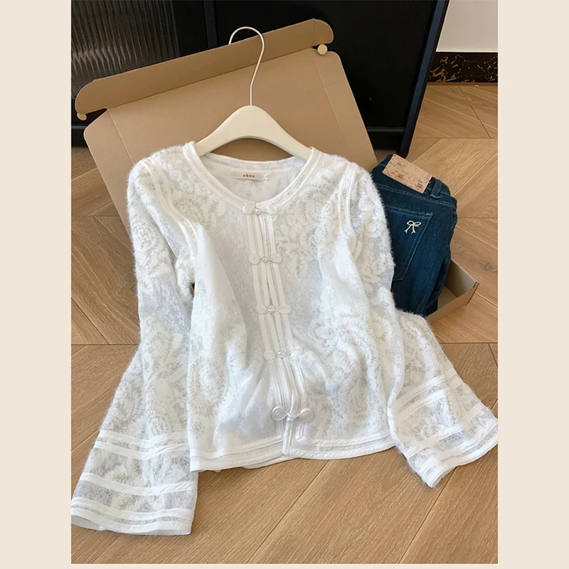

Elegant White Lace Button up Long Sleeve Embroidered Hollow out round Neck Shirt Women's Fashionable Chinese Style New Autumn...