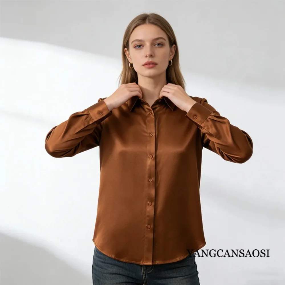 Chemise à manches longues en Satin de soie de mûrier 100% naturelle, 35MM, simple boutonnage, respectueuse de la peau, col POLO confortable