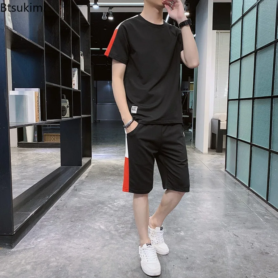 2024 New Men's Fashion Patchwork Sport Sets Comfy O-neck T-shirt+Shorts Casual Suit Men Quick Drying Running Training Tracksuit