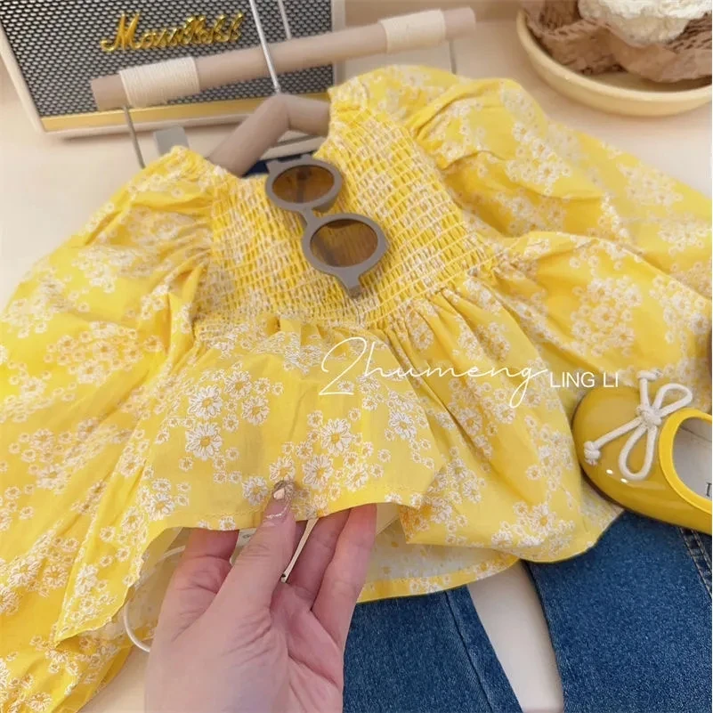 Girls\' Clothing Set 2023 Spring and Autumn Clothing Children\'s Yellow Bubble Sleeve Fragmented Blouse Shirt Jeans Two Piece Set