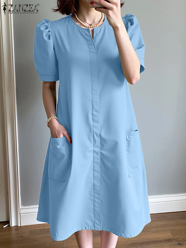 2025 zanzea elegante puff manga sólida vestidos de trabalho feminino vestido de verão elegante sólido festa vestidos com decote em v midi férias vestido de verão