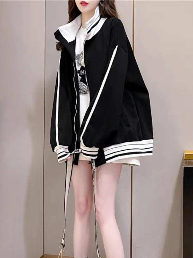 Female Clothes Black Sweatshirts for Women Full Zip Up Tops with Zipper Coat Striped Y2k Hoodie 2000s Long Sleeve Style Matching