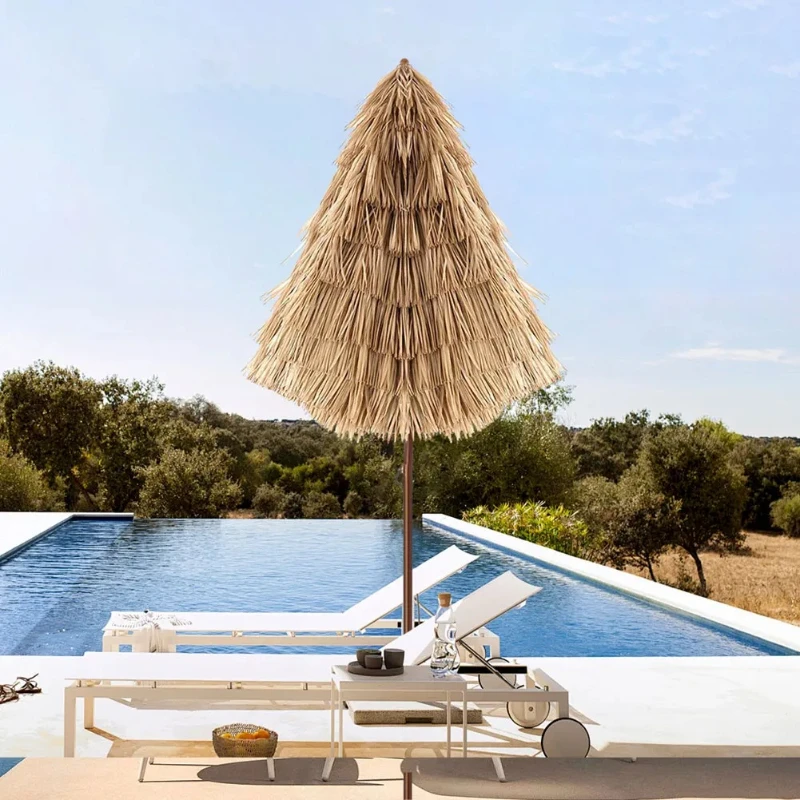 63inch Thatched Garden Umbrella with Tripod Base Beach Umbrella Outdoor Tiki Patio Umbrella for Garden, Lawn, Deck, Backyar
