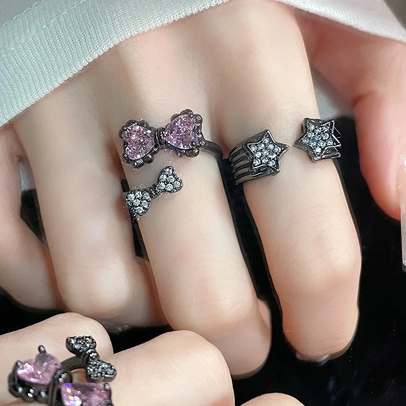 INS Hot Zircon Gun Black Star Saturn Ring for Women men Cool Open Finger Rings y2k Jewelry Halloween