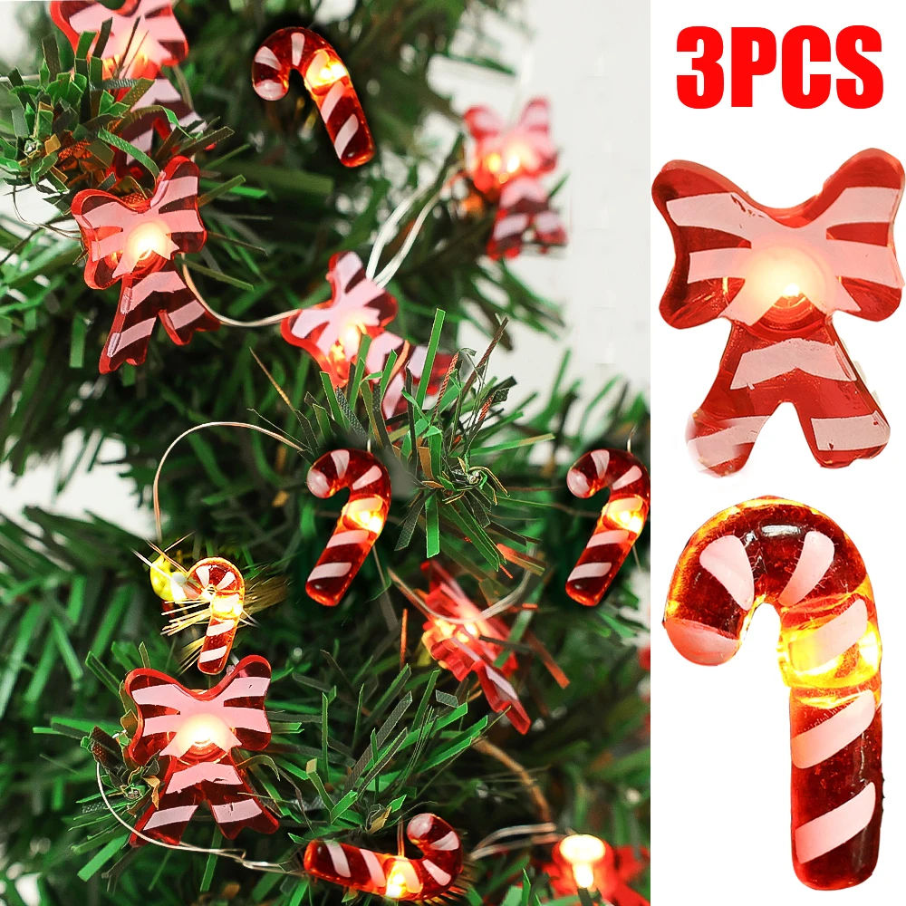 3/1PCS Christmas Lights String Battery Powered Fairy Garland Lamp Bow Tie Crutches Xmas Tree Ornament Festival Party Decor Light