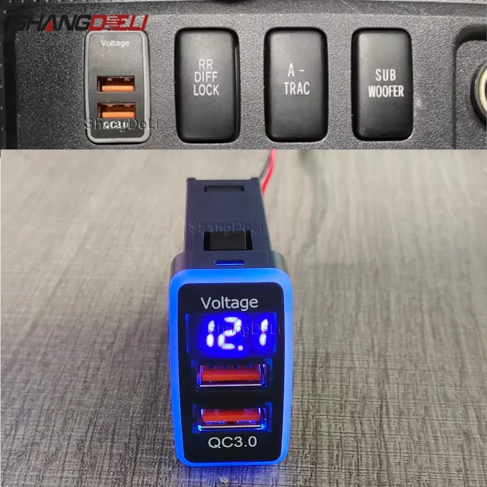 Blue Light Car Charger USB QC3.0 Socket Charging Adapter with Voltage Display for Toyota Land Cruiser Hilux Prado 120 FJ CRUISE