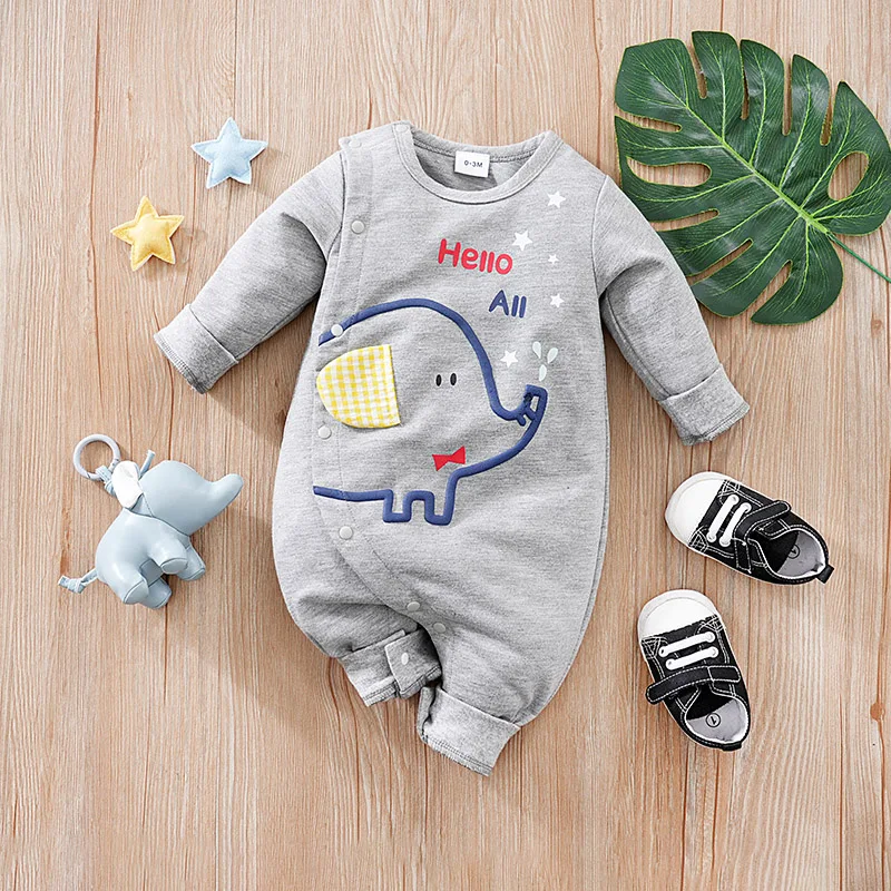 0-18m Newborn Clothing Cute Cartoon Elephant Print Casual And Comfortable Soft Spring And Autumn Long Sleeved Baby Jumpsuit