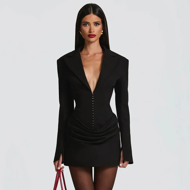 فستان قصير أنيق برقبة على شكل V Y2K ملابس نسائية ضيقة مكشكشة بخصر عالٍ وأكمام طويلة فساتين مثيرة لحفلات النادي والخريف والشتاء #1