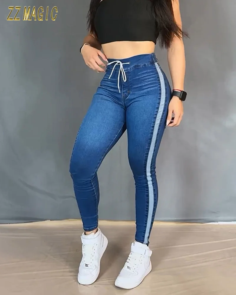 Lace-Up Jeans kasual Skinny untuk wanita celana Denim Push Up melar pinggang tinggi celana panjang pinggul bungkus kaki lurus bersabuk rumbai