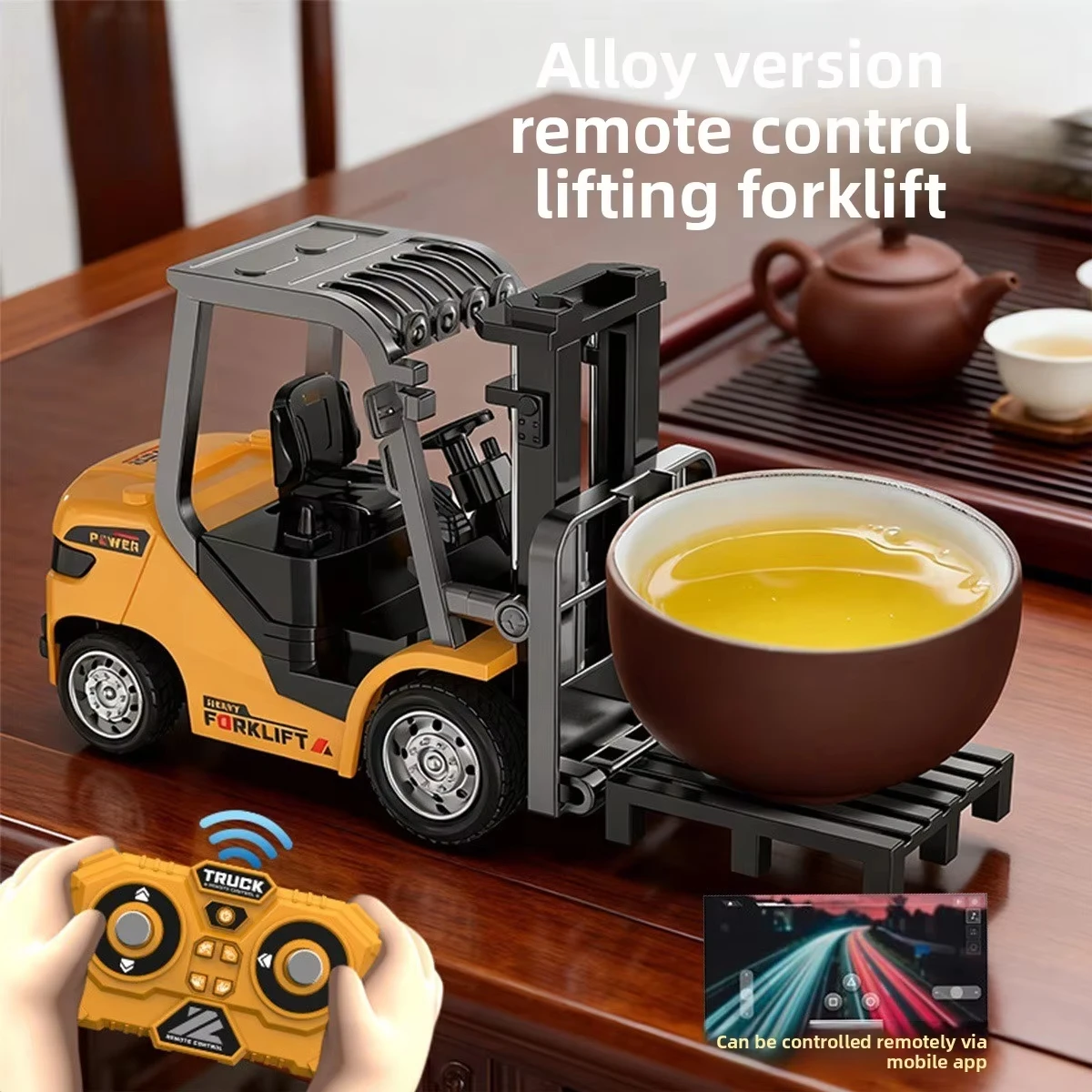 1/64 RC Mini Alloy Forklift With Trailer Desktop Game Full-scale APP Remote Control Engineering Lift Truck Kids Toys Gifts