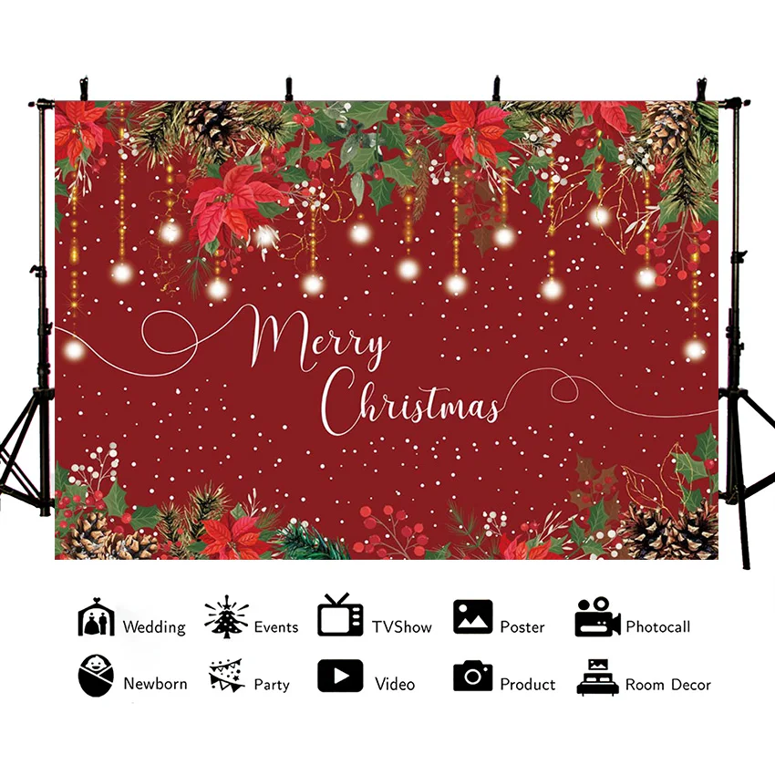 Merry Christmas Backdrops Floral Red Background for Photography Flowers Hang Lamp Ball Decoration Party Posters Photo Studio