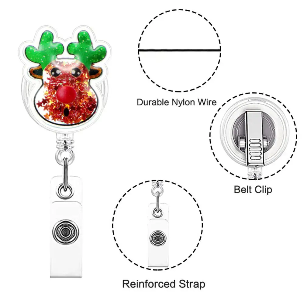 Retrátil crachá Reel Clip, Fluxo Brilhante Badge Holder, Natal Papai Noel Bell, Alce, Estudantes, Médico, Enfermeiros, Titular do Cartão de Identificação, 1Pc