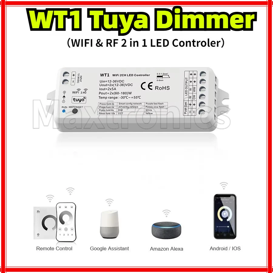 WT1 Tuya LED Controller 12V 24V 36V DC 2CH 10A Smart Wifi 2.4G RF Wireless Remote Push Dimming Switch WW CW CCT Controller Dimer