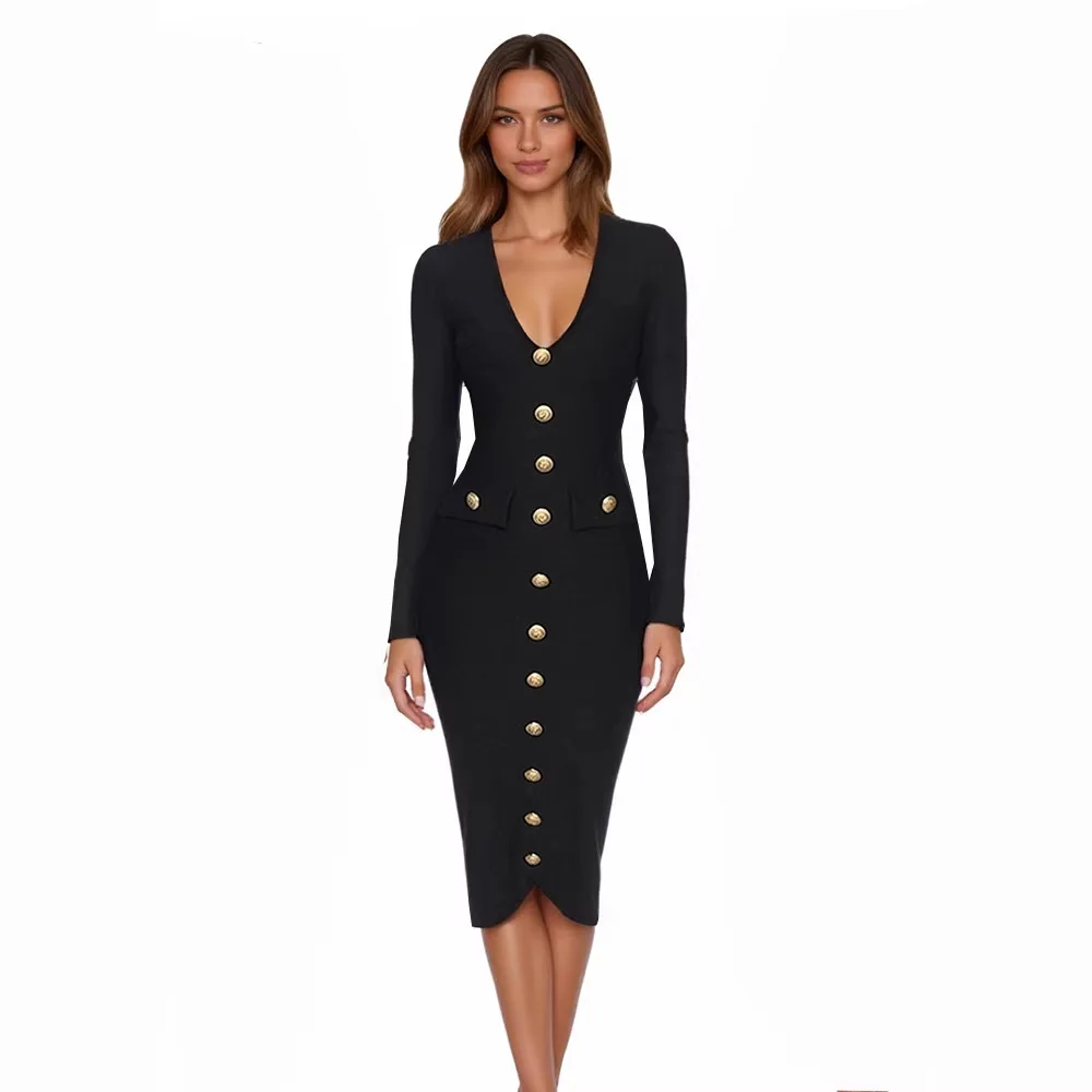 

Women's Long Sleeve V-Neck Gold Button Slim Fit Elastic Wraparound Dress Fashionable mid Waist Polyester Woven Thickened Skirt